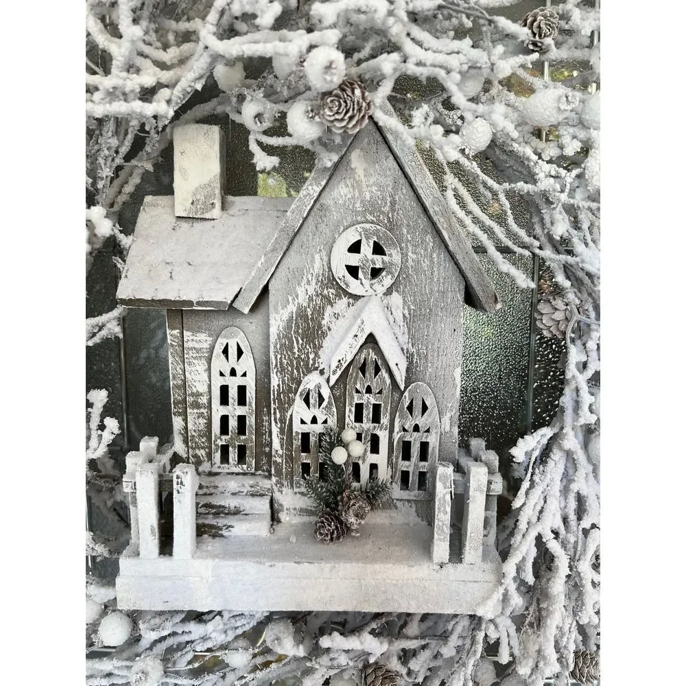 Winter Snow Twig Wreath With Lighted Wooden Church